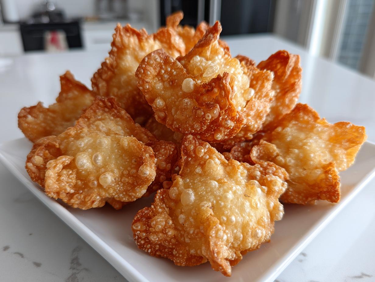 A pile of perfectly fried, golden brown homemade crab rangoons served on a square white dish.