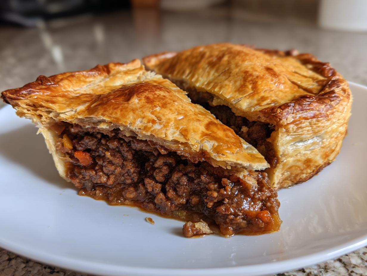 A golden, flaky puff pastry meat pie cut in half, showing a rich, savory ground meat filling inside.