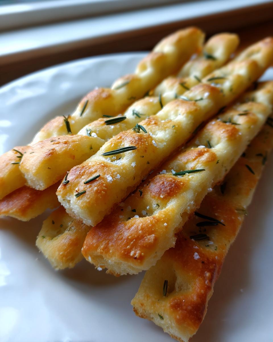 Close-up of several golden brown focaccia breadsticks seasoned with rosemary and coarse salt on a white plate.