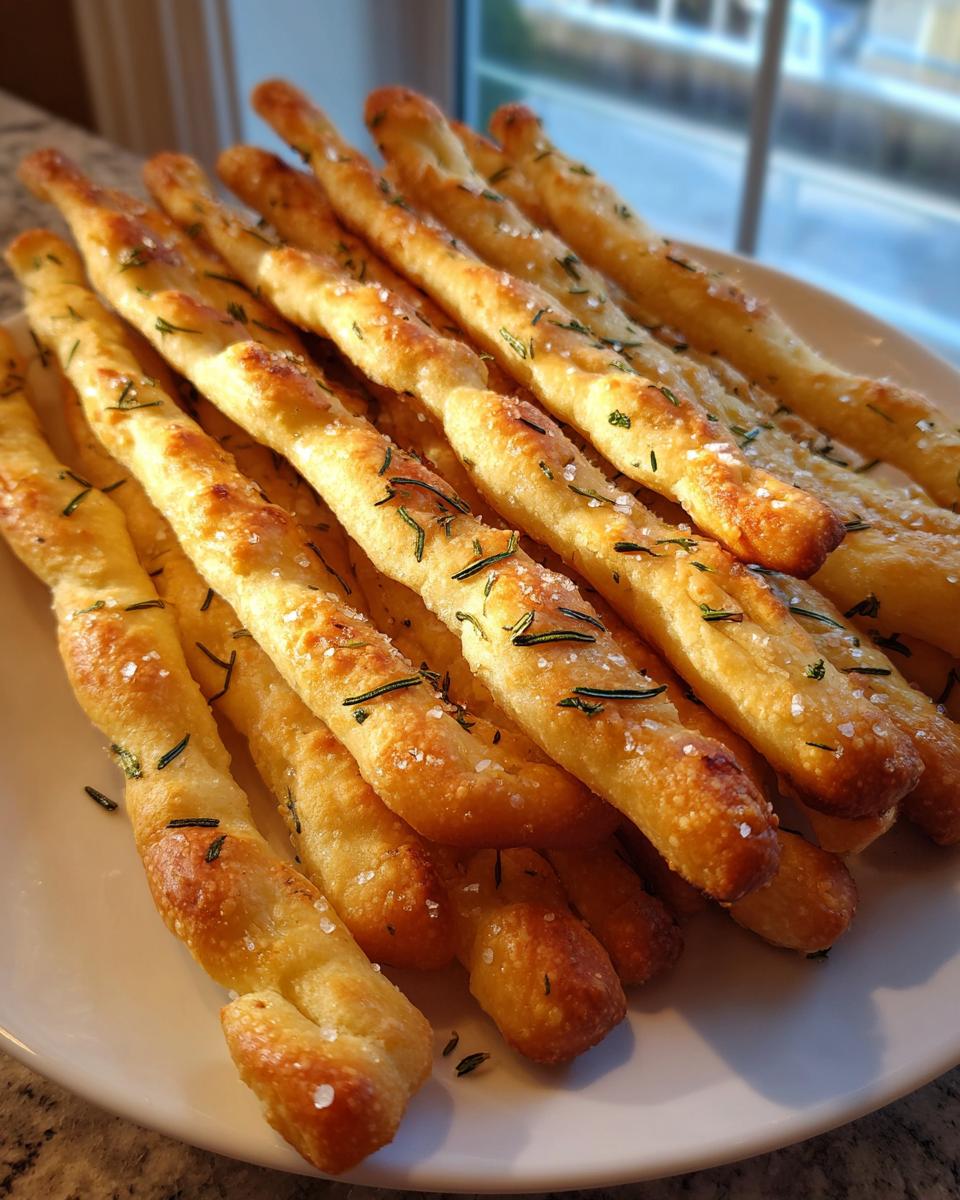 A pile of golden brown focaccia breadsticks seasoned with fresh rosemary and coarse salt, served on a white plate.