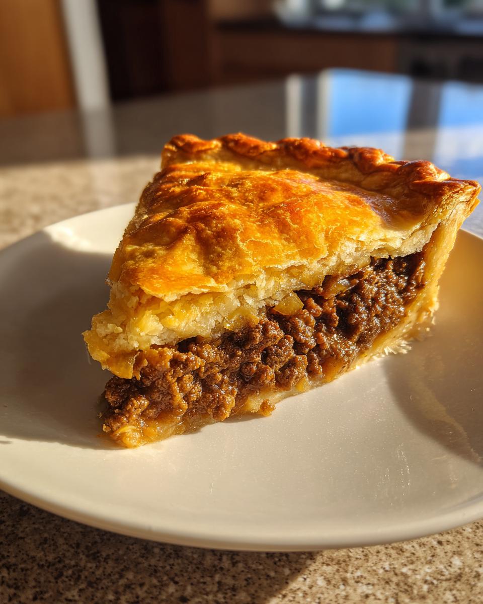 A close-up shot of a perfect slice of meat pie showing a rich, brown filling and a golden, flaky pastry crust.