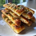 A stack of golden brown focaccia breadsticks topped with sea salt and chopped herbs.