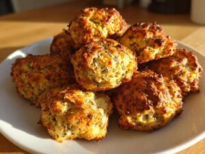 A pile of golden brown, herb-flecked stuffing balls served on a white plate.