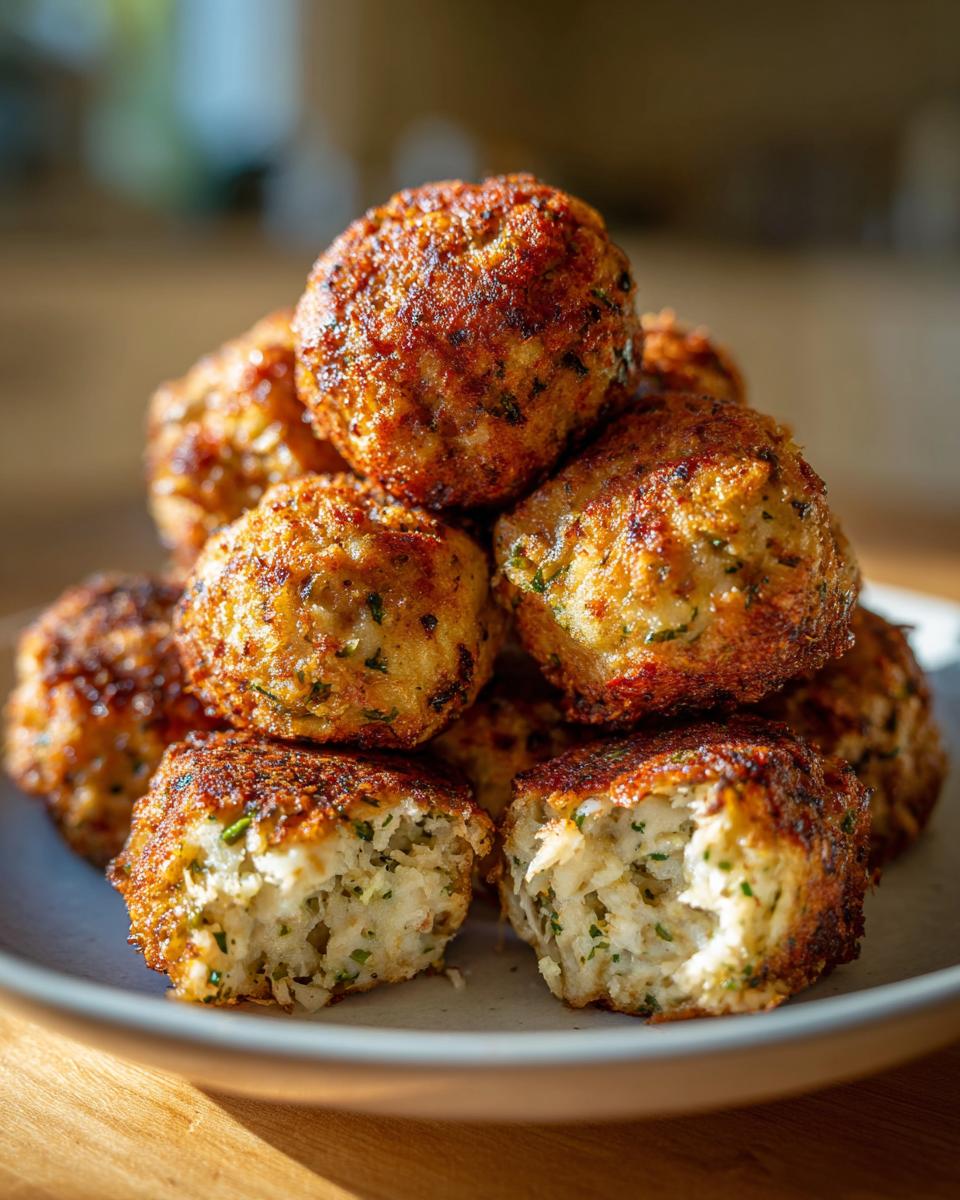 A close-up stack of golden brown, crispy stuffing balls, with one cut open showing the moist interior.