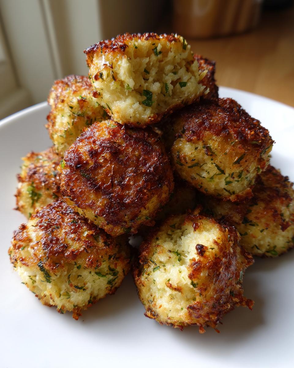 A close-up stack of golden brown, crispy stuffing balls seasoned with visible green herbs.