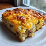 A square slice of savory hash brown egg casserole topped with bubbly, browned cheddar cheese, served on a white plate.