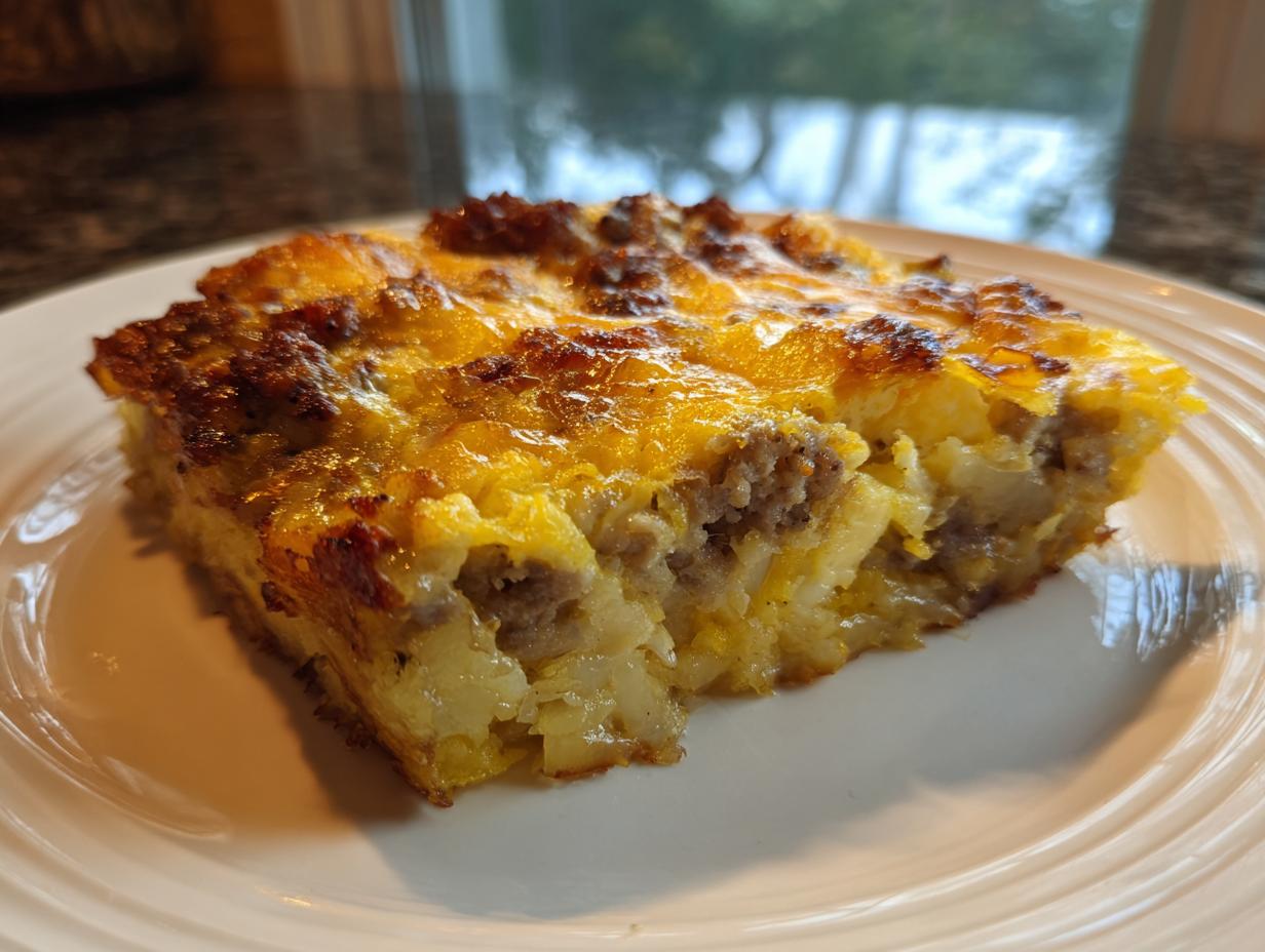 A close-up slice of golden brown hash brown egg casserole layered with sausage and melted cheese.