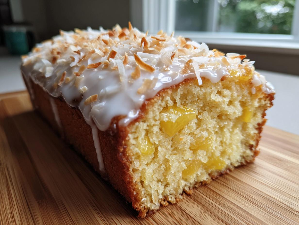 Close-up of a slice of moist Hawaiian wedding cake loaf with pineapple chunks, white glaze, and toasted coconut flakes.