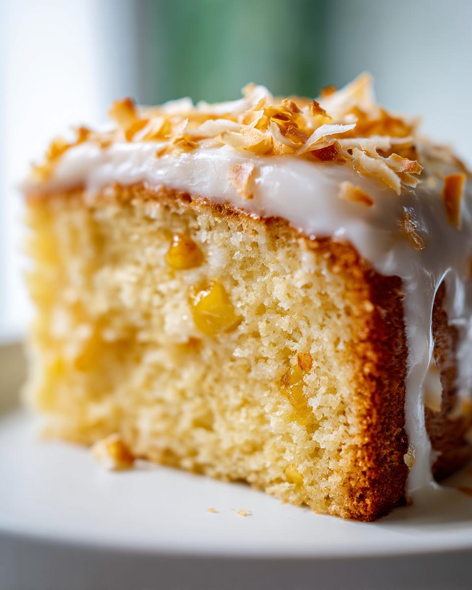 Close-up of a moist slice of Hawaiian wedding cake with white glaze and toasted coconut flakes.