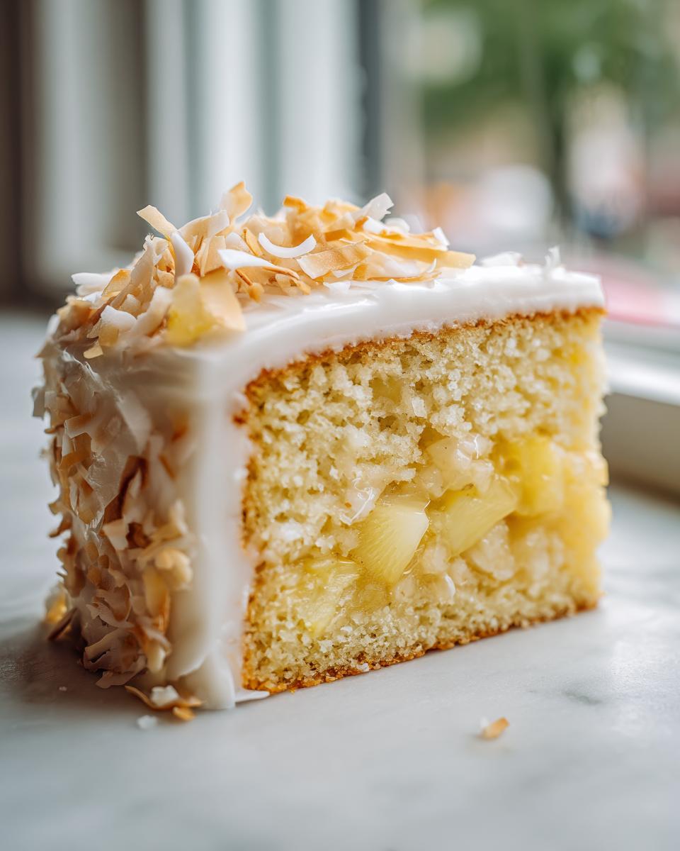 Close-up of a moist slice of Hawaiian wedding cake showing pineapple filling, white frosting, and toasted coconut flakes.