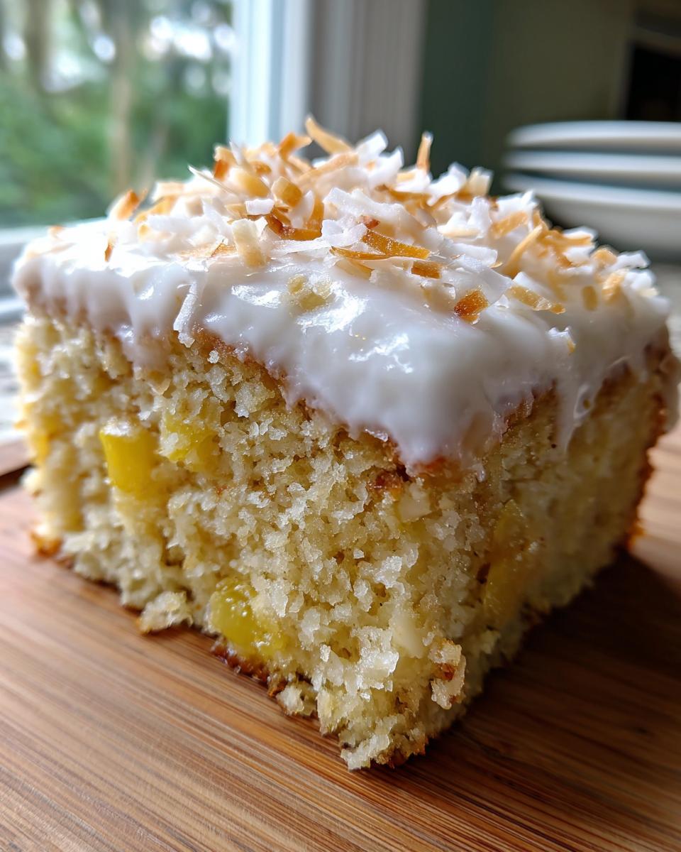 Close-up of a moist slice of Hawaiian wedding cake topped with white frosting and toasted coconut flakes.