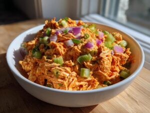 A white bowl filled with vibrant orange healthy buffalo chicken salad, topped with chopped red onion and celery.