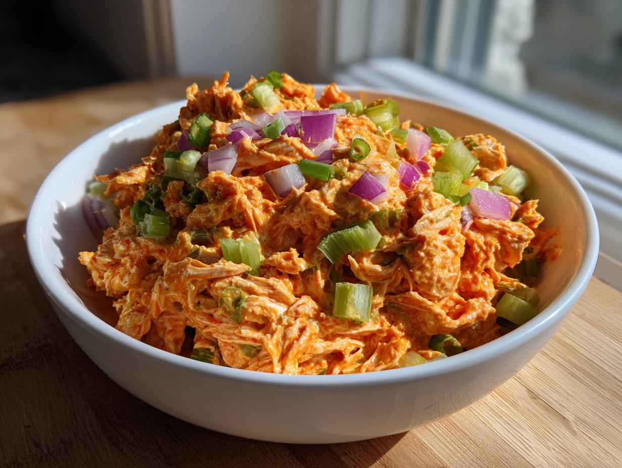 A white bowl filled with vibrant orange healthy buffalo chicken salad, topped with chopped red onion and celery.