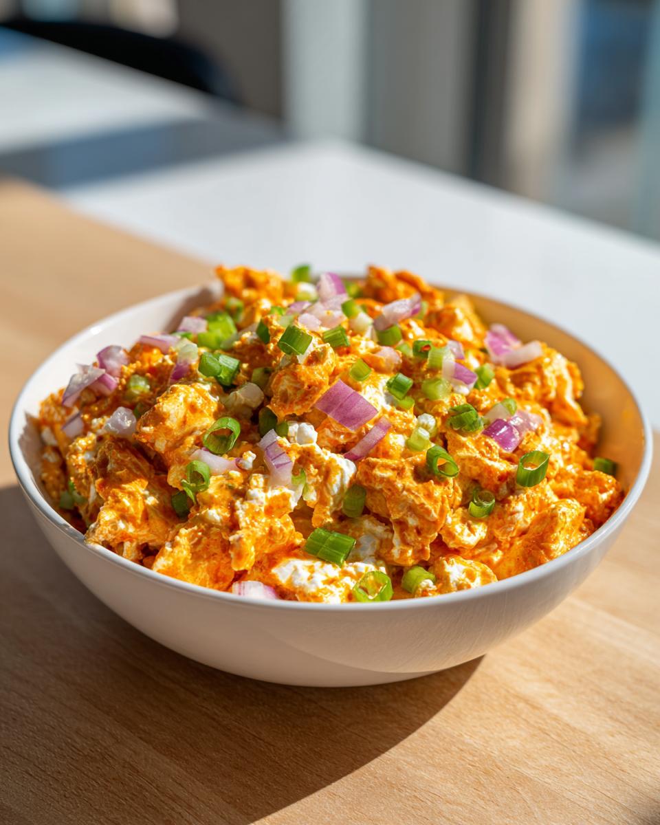A white bowl filled with bright orange healthy buffalo chicken salad, topped with chopped red onion and green onions.