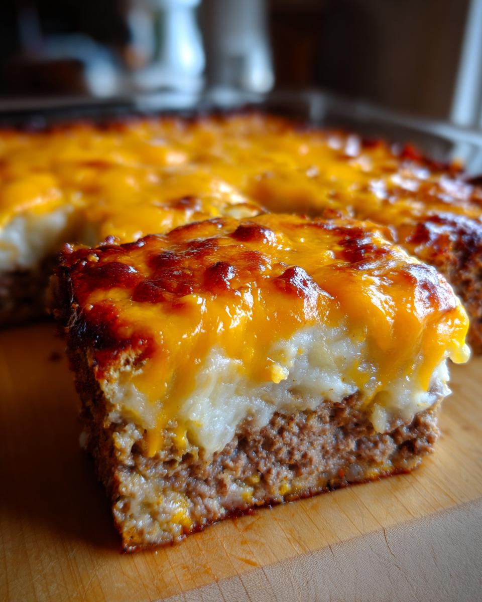 A thick slice of meatloaf casserole topped with mashed potatoes and melted, browned cheddar cheese.