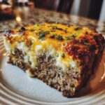 A thick slice of meatloaf casserole topped with mashed potatoes, melted cheddar cheese, and fresh parsley.