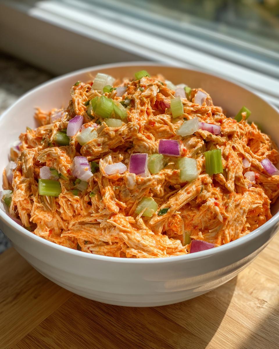 A white bowl filled with shredded, orange-coated healthy buffalo chicken salad, topped with diced red onion and celery.