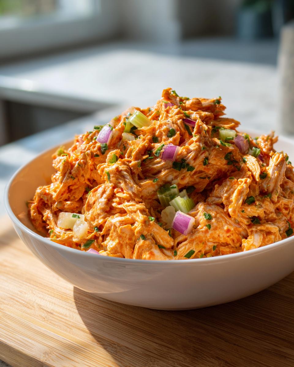 A white bowl filled with vibrant orange healthy buffalo chicken salad, topped with chopped red onion and celery.