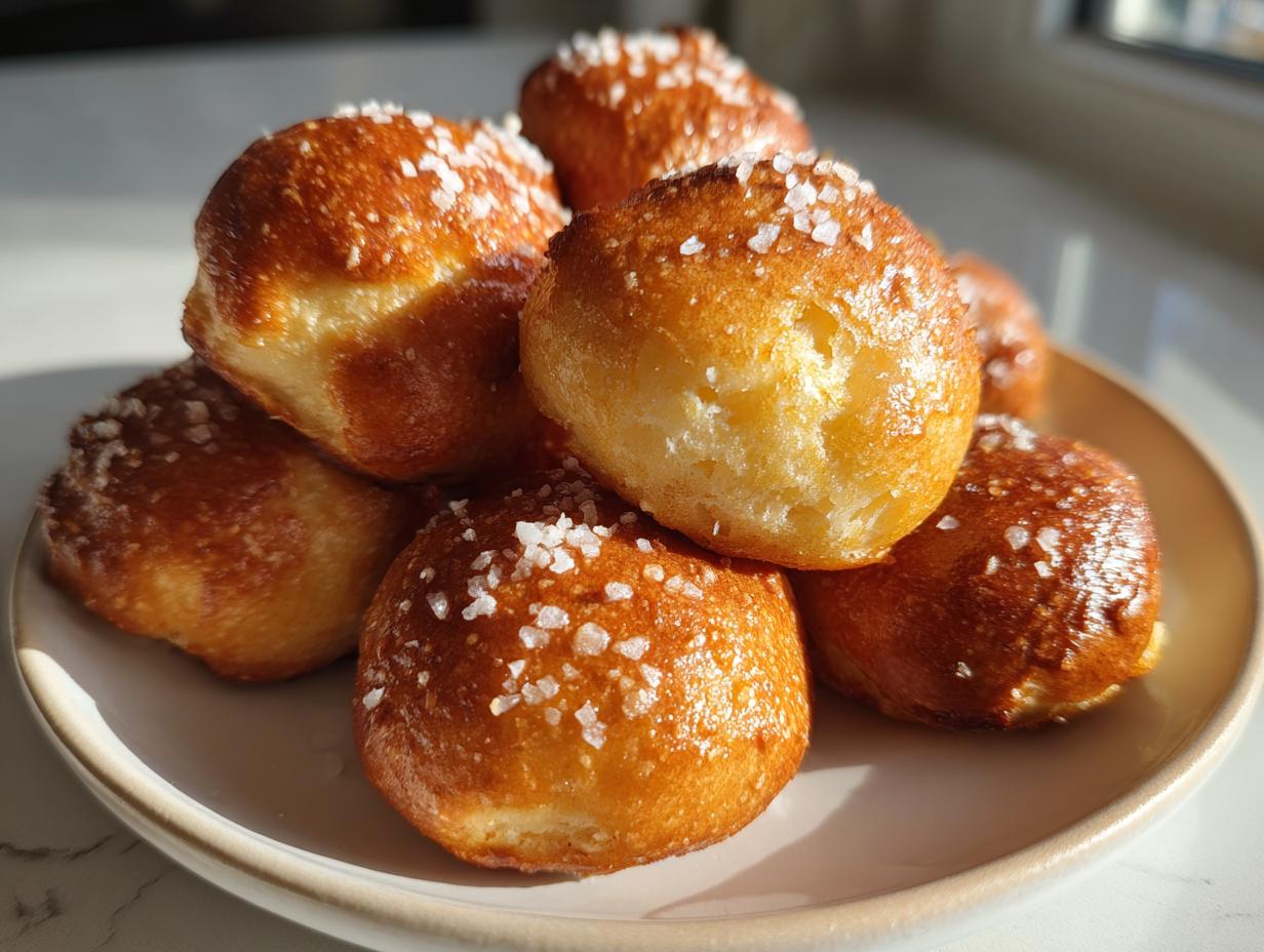 A pile of golden brown, shiny pretzel bites topped with coarse sea salt, ready to eat.