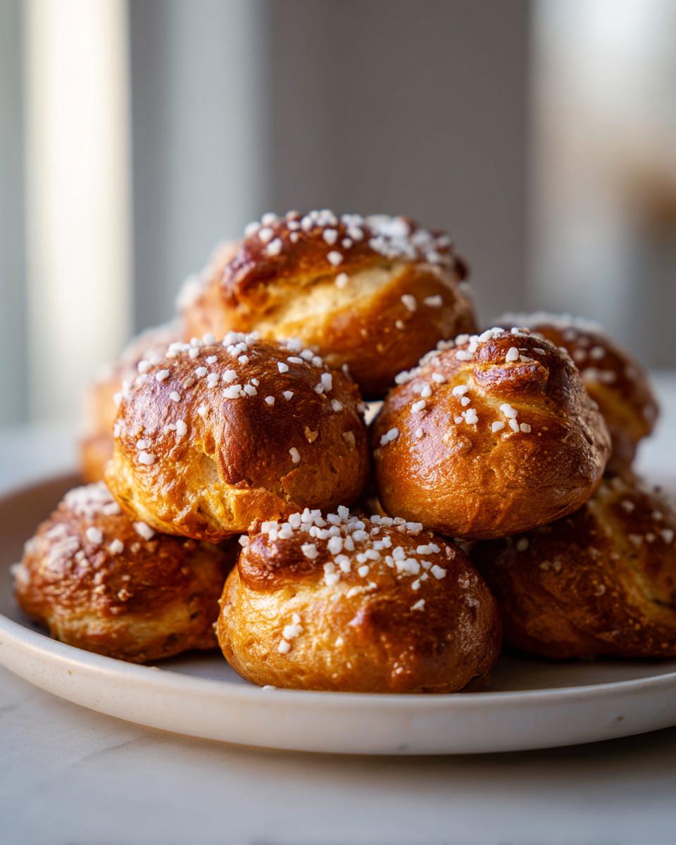 A close-up of several golden-brown, shiny high-protein high-fiber pretzels piled on a light plate, topped with coarse white salt.
