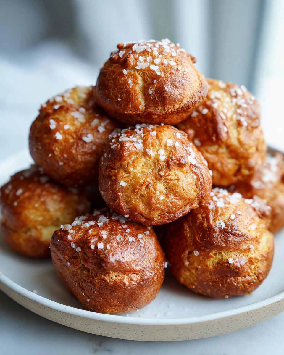A stack of golden brown, bite-sized high-protein high-fiber pretzels topped with coarse sea salt on a light plate.