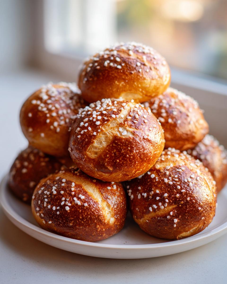 A stack of freshly baked, shiny brown high-protein high-fiber pretzels topped with coarse salt, resting on a light plate.