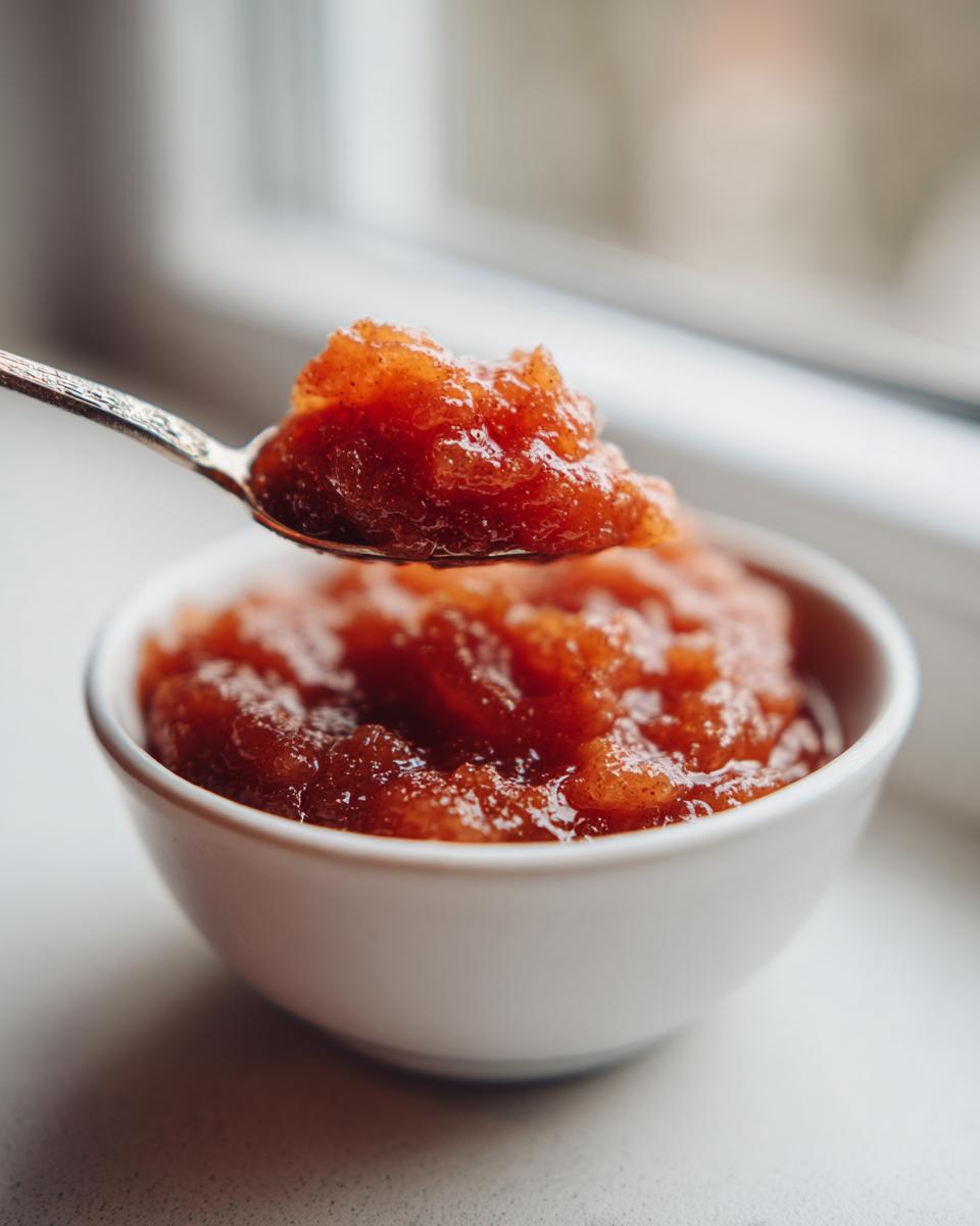 A spoonful of chunky, reddish-brown homemade applesauce being lifted from a small white bowl.