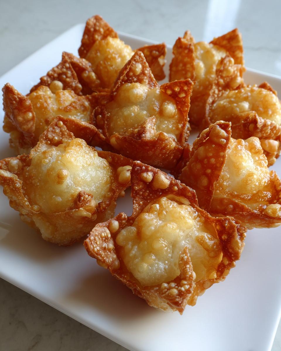 A close-up of several golden brown, crispy homemade crab rangoons piled on a white plate.