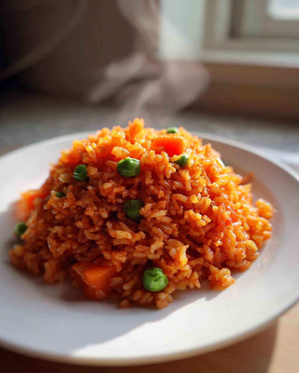A mound of vibrant, steaming homemade Mexican rice mixed with bright green peas and diced carrots on a white plate.