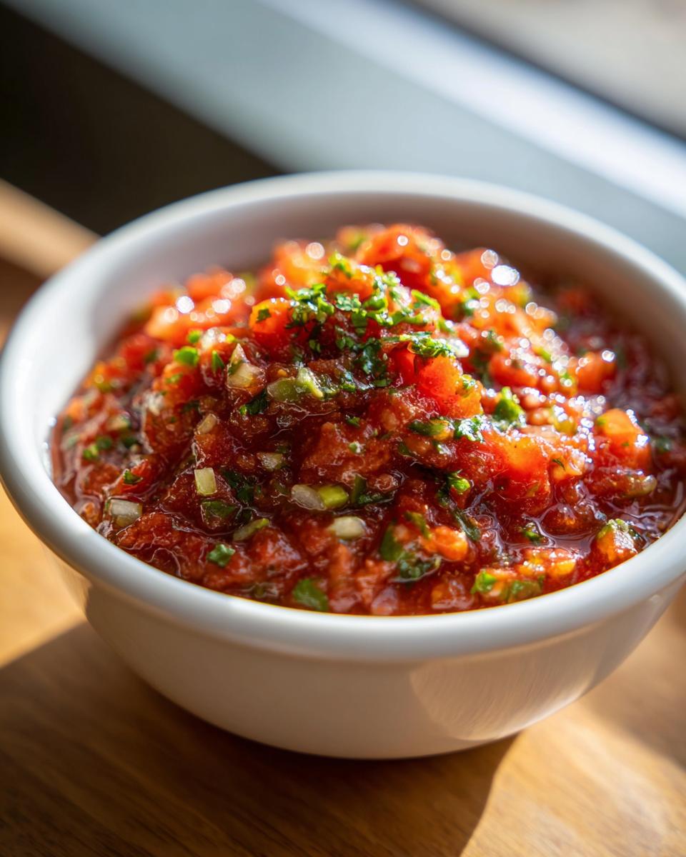 Close-up of vibrant homemade salsa recipe, chunky with tomatoes and herbs, served in a white bowl.