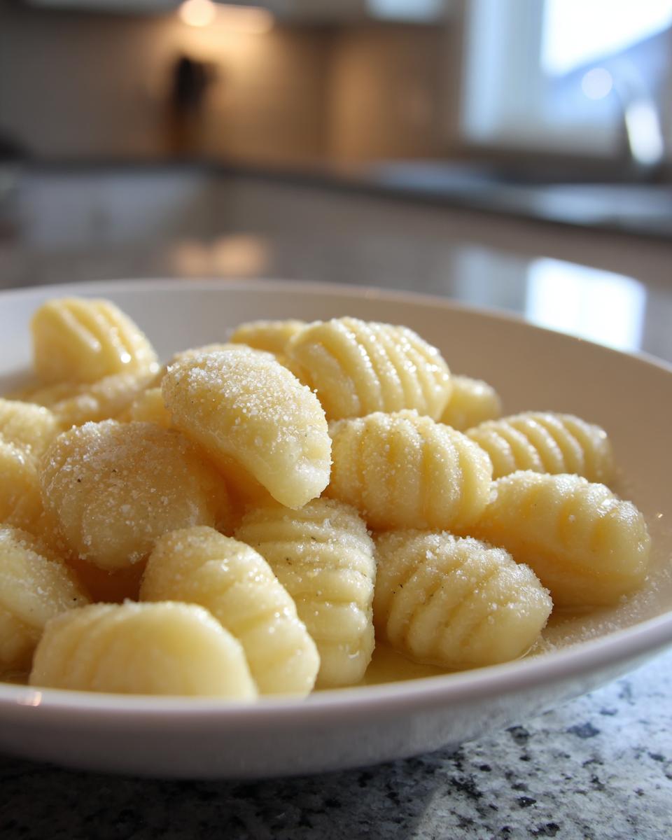 Close-up of a white bowl filled with tender homemade soft pillowy gnocchi, lightly coated in butter and grated cheese.