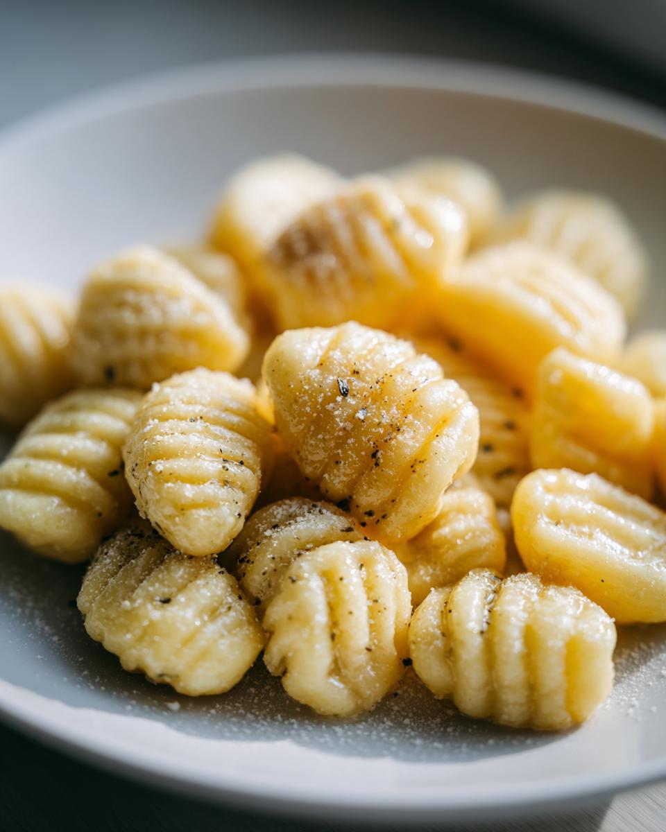 A close-up shot of freshly made homemade soft pillowy gnocchi seasoned with pepper and light cheese.