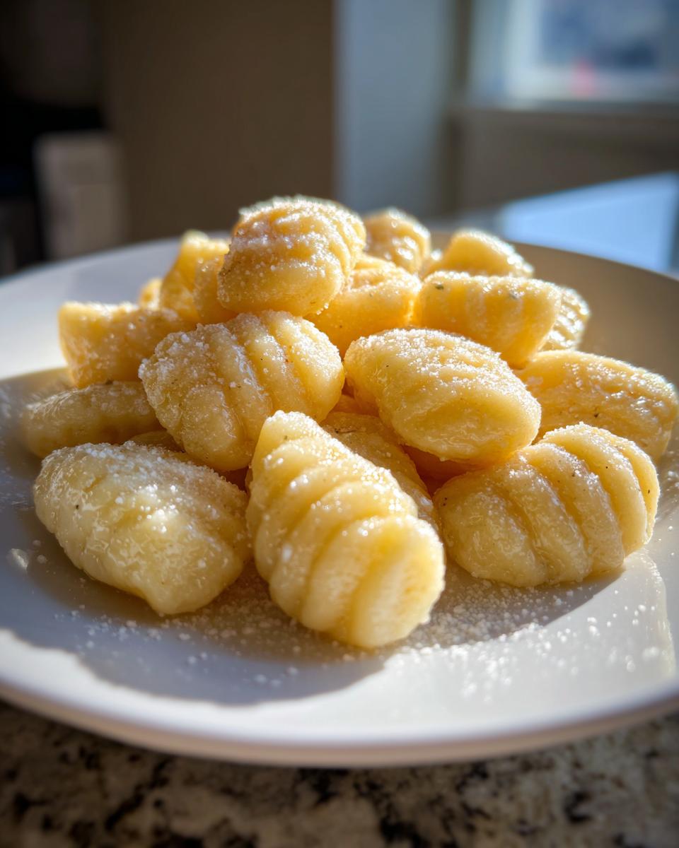 A close-up of freshly made homemade soft pillowy gnocchi piled on a white plate and dusted with grated cheese.