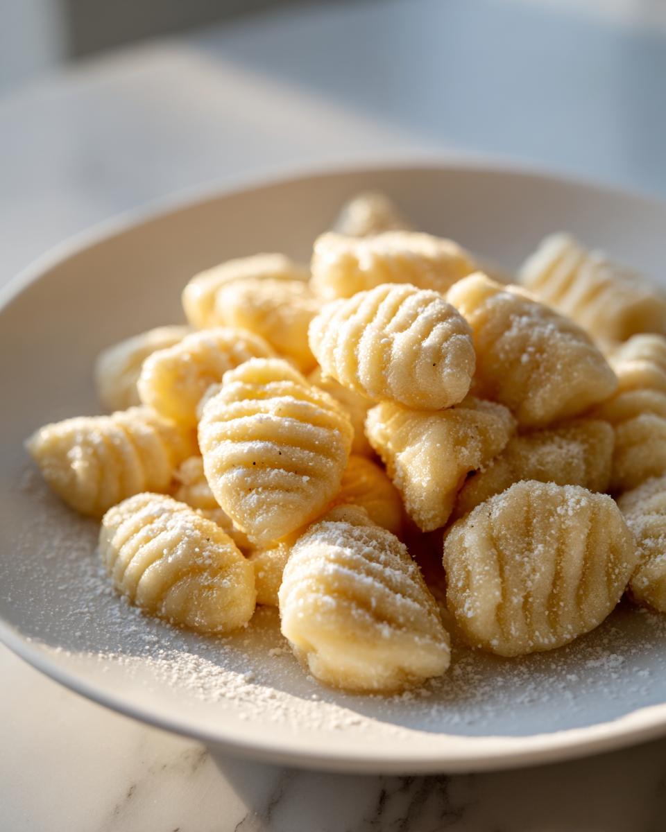 Close-up of freshly made homemade soft pillowy gnocchi dusted lightly with flour on a white plate.