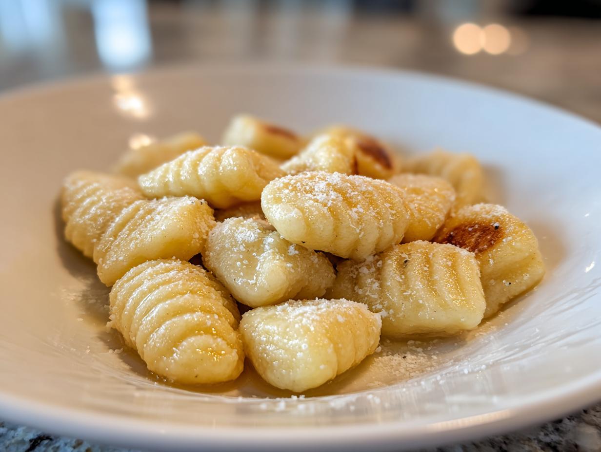 A close-up of freshly made homemade soft pillowy gnocchi lightly browned and dusted with grated cheese in a white bowl.