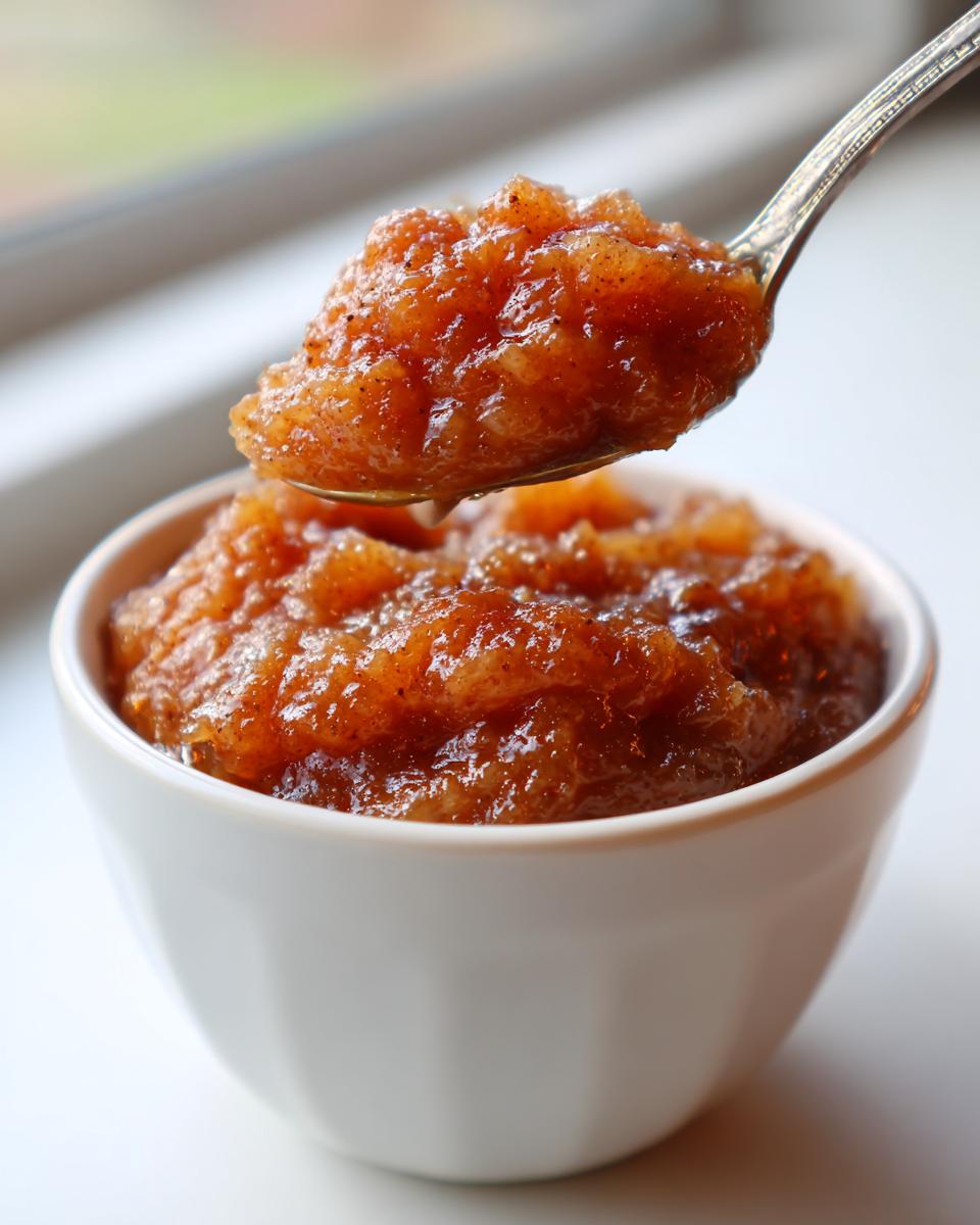 A spoonful of thick, spiced applesauce being lifted from a white bowl, showing its rich, chunky texture.