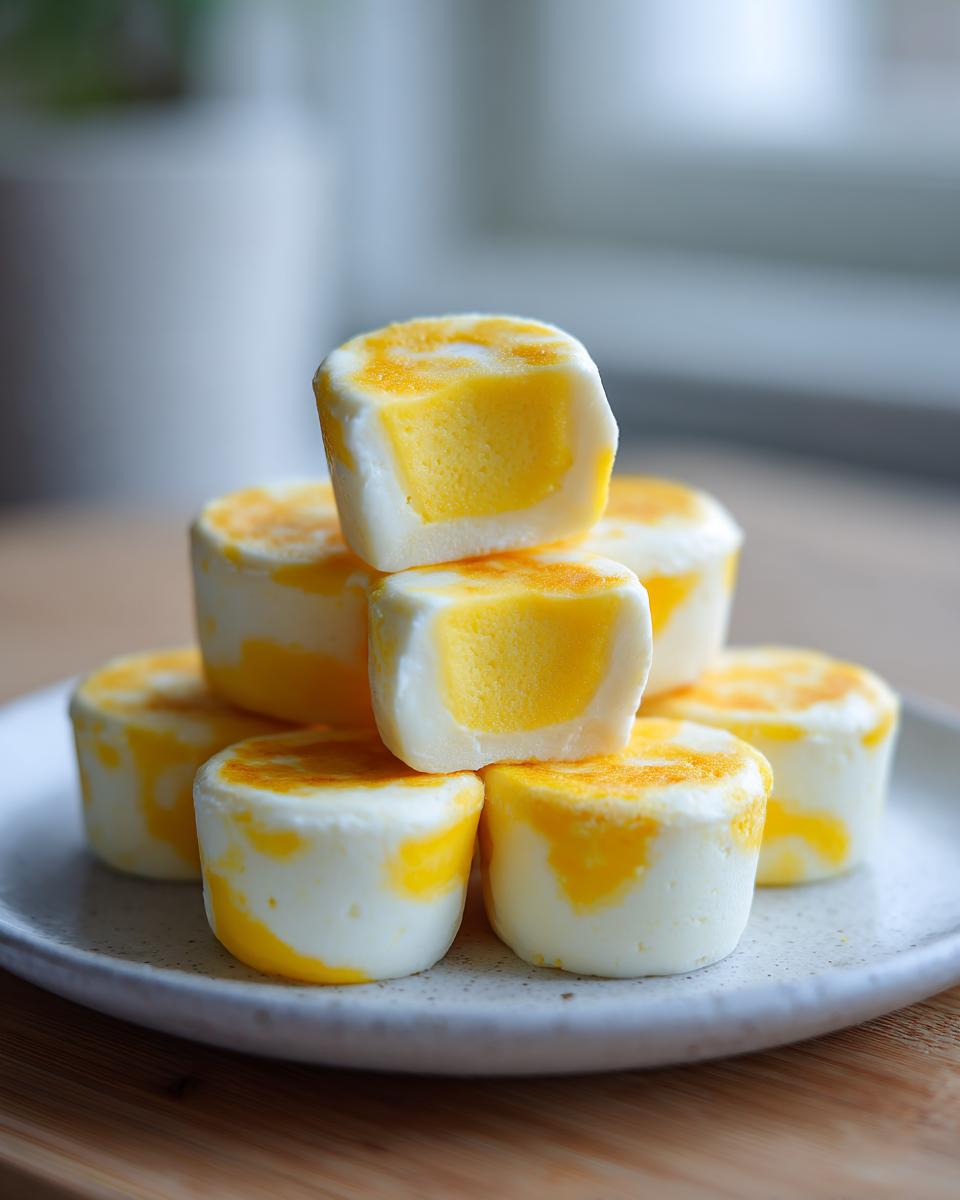 A stack of homemade starbucks egg bites showing a fluffy white exterior and bright yellow center on a speckled plate.