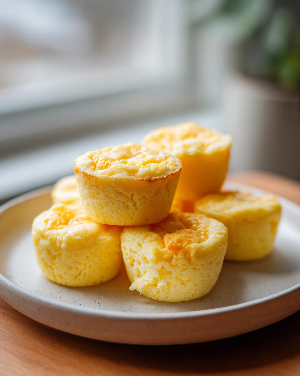 A stack of fluffy, yellow homemade starbucks egg bites with a slightly browned top, resting on a speckled white plate.