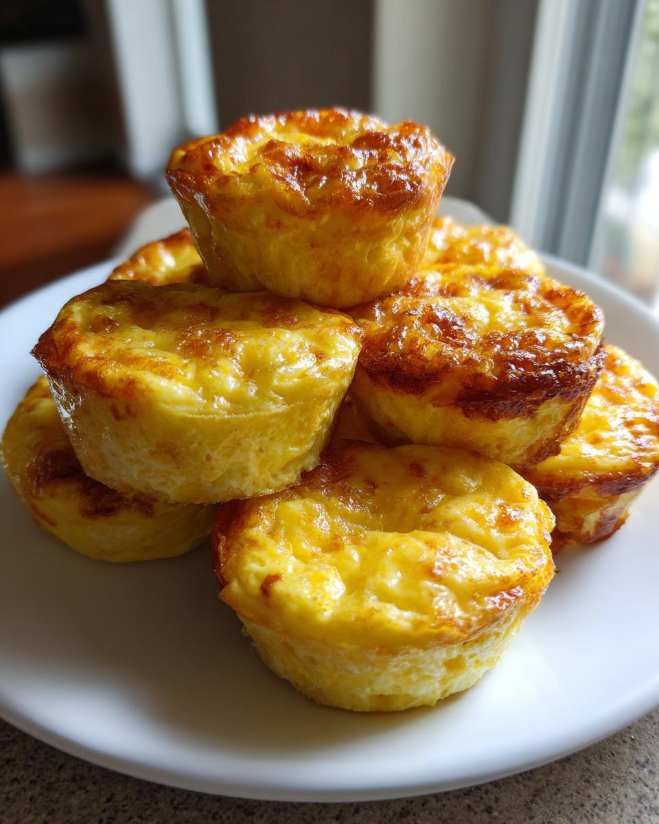 A stack of golden-brown, homemade starbucks egg bites on a white plate, freshly baked.
