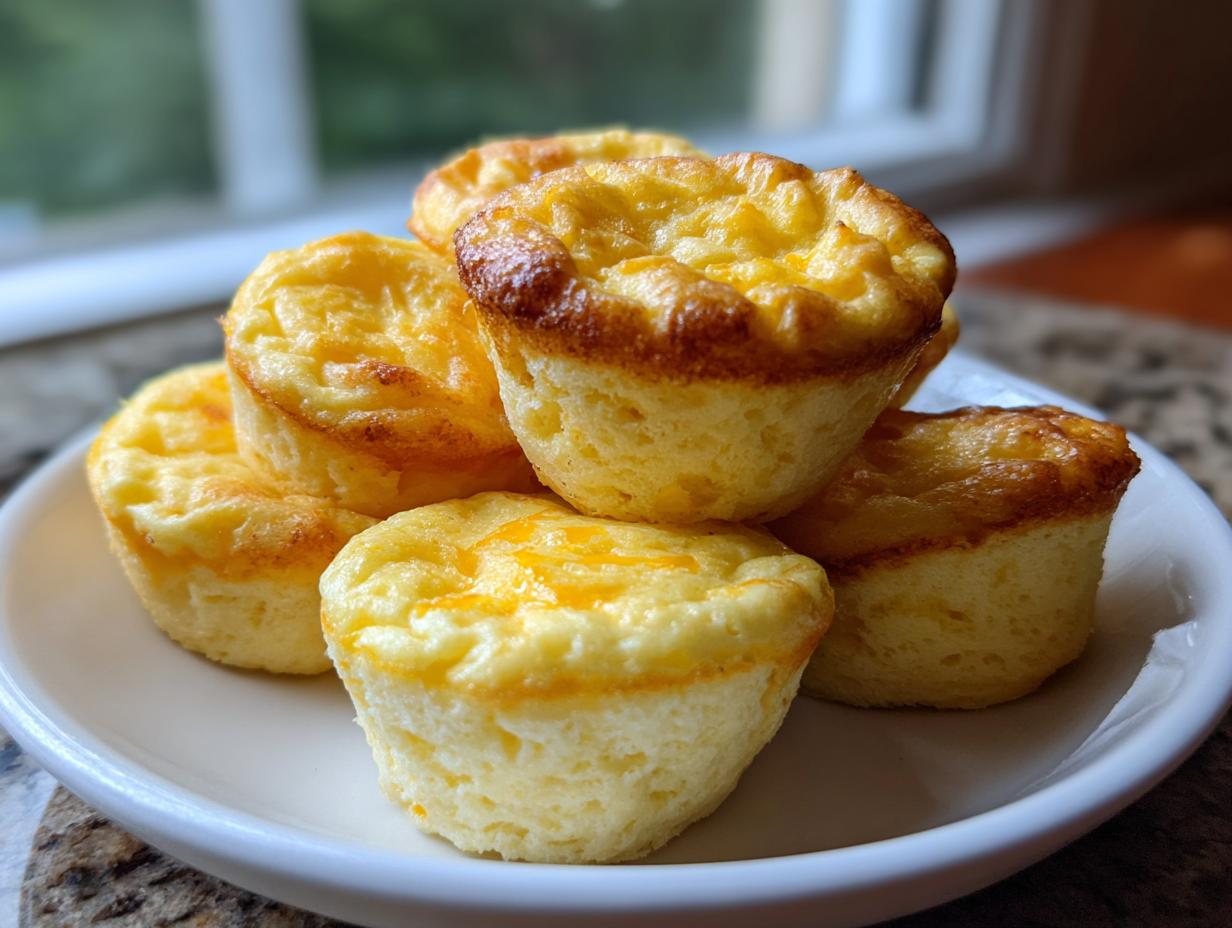 A stack of fluffy, golden-brown homemade starbucks egg bites served on a small white plate.