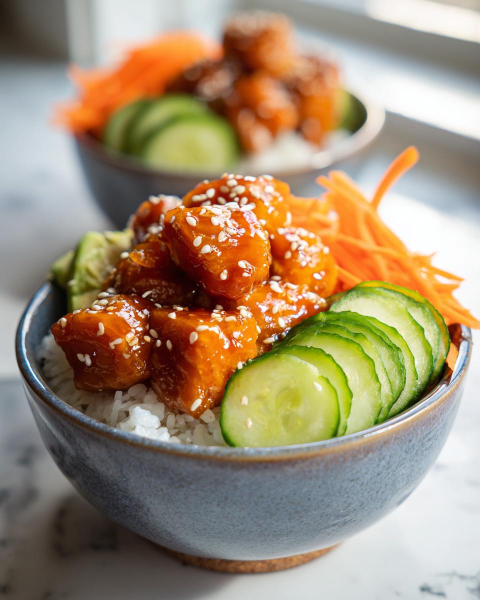 Close-up of a honey glazed salmon bowl featuring glazed salmon cubes topped with sesame seeds, served over rice with sliced cucumbers and shredded carrots.