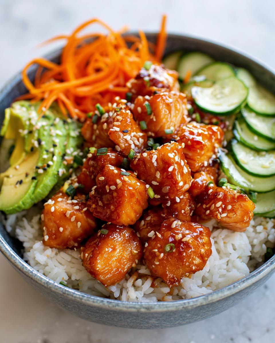 Close-up of a delicious salmon bowl featuring honey glazed salmon chunks over white rice, topped with sesame seeds, avocado, cucumber, and shredded carrots.