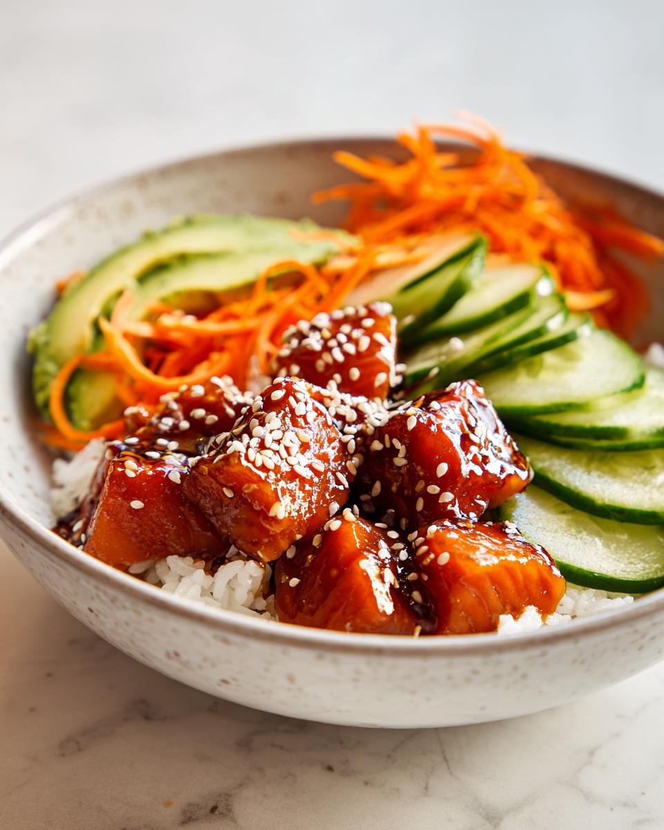 Close-up of a delicious salmon bowl featuring glazed salmon cubes topped with sesame seeds over rice and fresh vegetables.