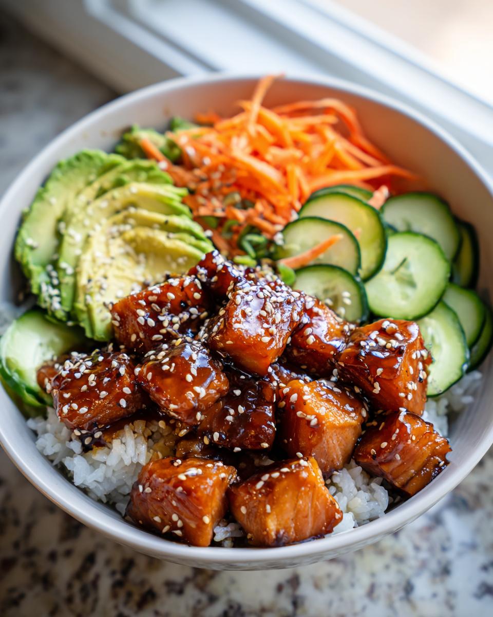 Close-up of a delicious salmon bowl featuring glazed salmon cubes over rice, topped with avocado, cucumber, and shredded carrots.