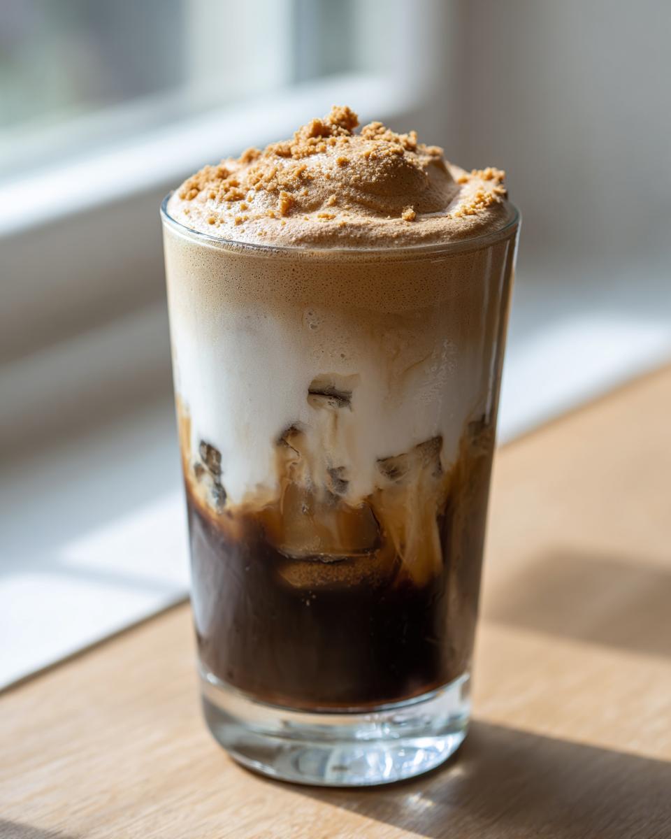 A tall glass of iced cookie butter latte with layered espresso, milk, and a thick, frothy topping sprinkled with cookie crumbs.