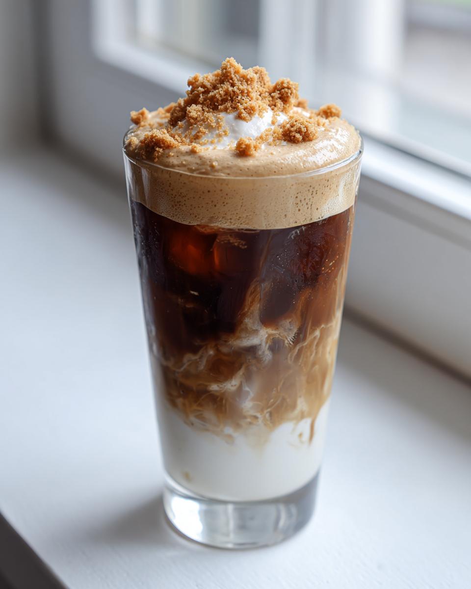 A tall glass of iced cookie butter latte showing layers of milk, coffee, and foam, topped with whipped cream and cookie crumbs.