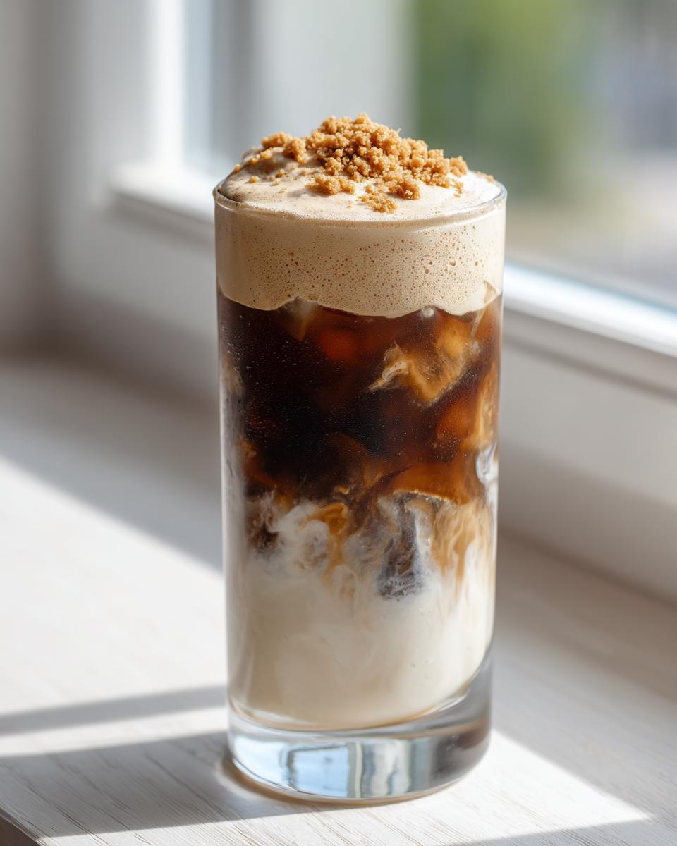 A tall glass of iced cookie butter latte showing layers of milk, coffee, and a thick foam topping sprinkled with cookie crumbs.