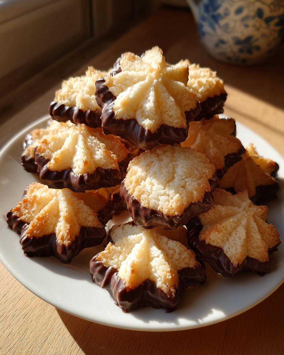 A stack of star-shaped Italian butter cookies dipped in dark chocolate, beautifully lit by sunlight.