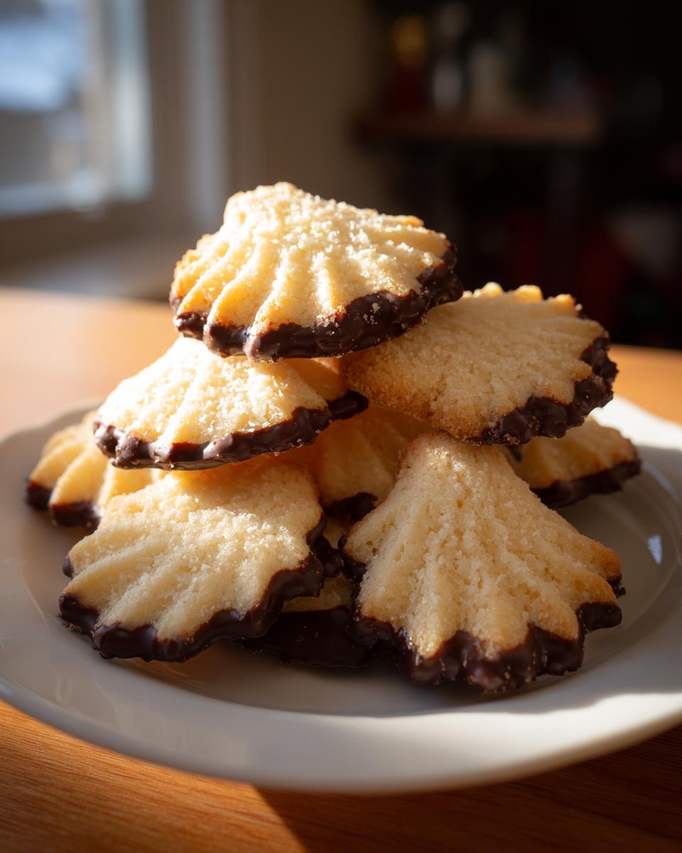 A stack of freshly baked italian butter cookies, piped into shell shapes and dipped in dark chocolate, sitting on a white plate.