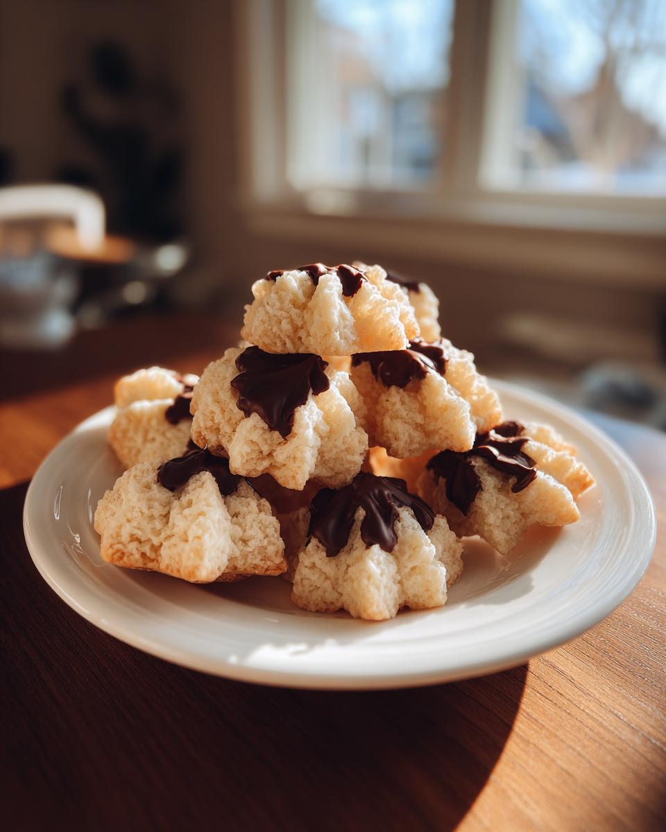 A stack of light-colored Italian butter cookies topped with dark chocolate drizzle, sitting on a white plate.